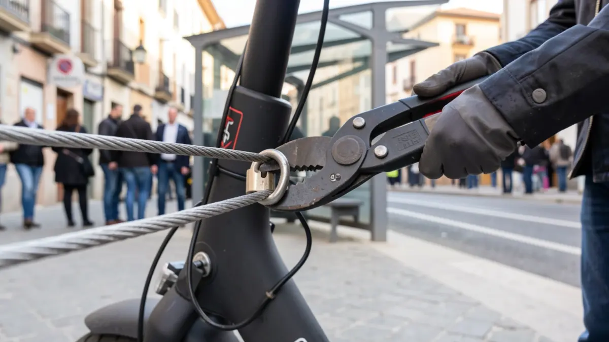 Primer plano de un candado de patinete siendo cortado con cizallas cerca de una parada de transporte público.