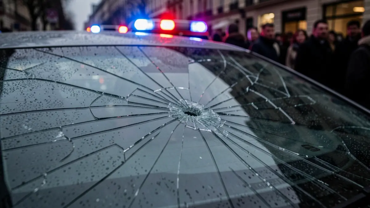 Close-up of a broken car windshield with reflections of emergency lights.