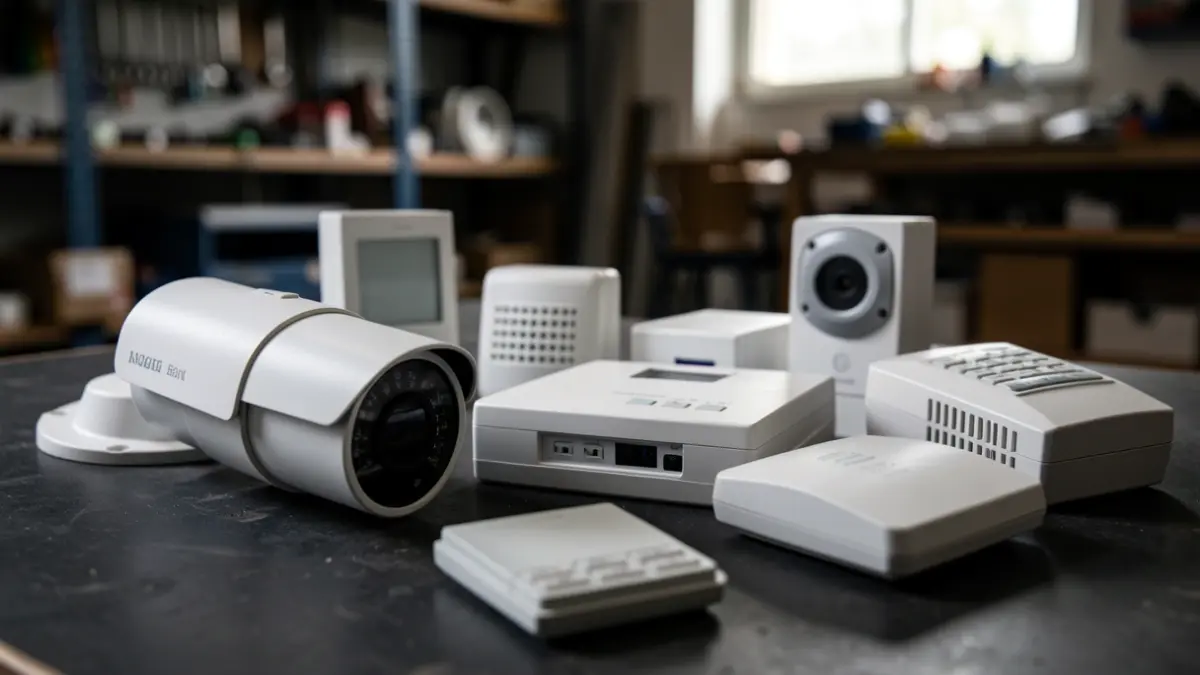 Close-up of security cameras and alarm panels, objects from a theft.
