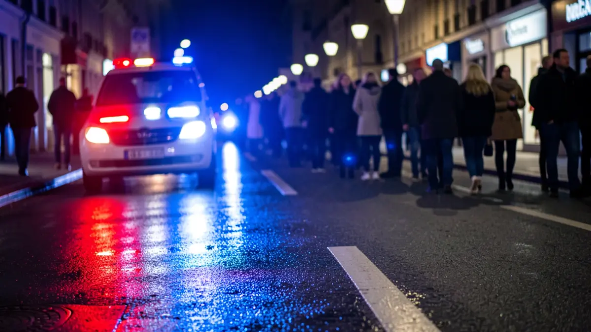 Generic image of police emergency lights reflecting on wet asphalt.