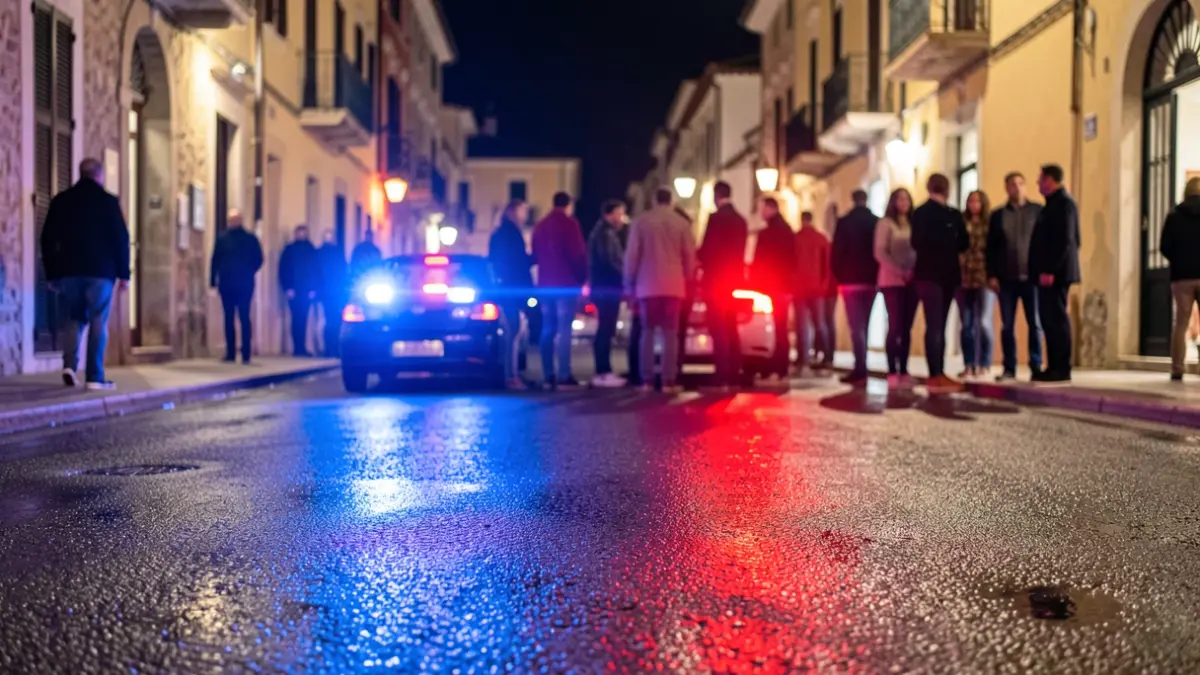 Imagen genérica de luces de emergencia policiales reflejando en asfalto mojado.