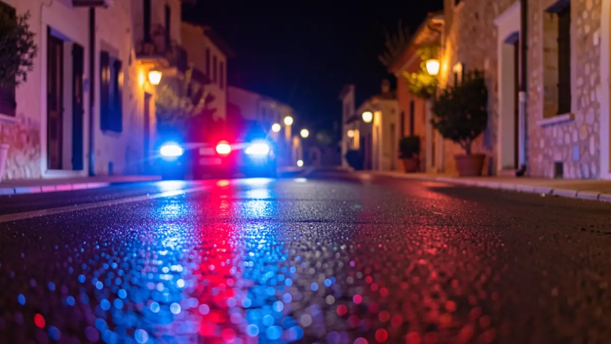 Generic image of police emergency lights reflecting on asphalt at night.