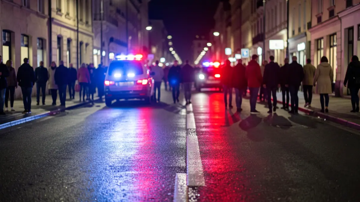 Generic image of police emergency lights reflecting on wet asphalt at night.