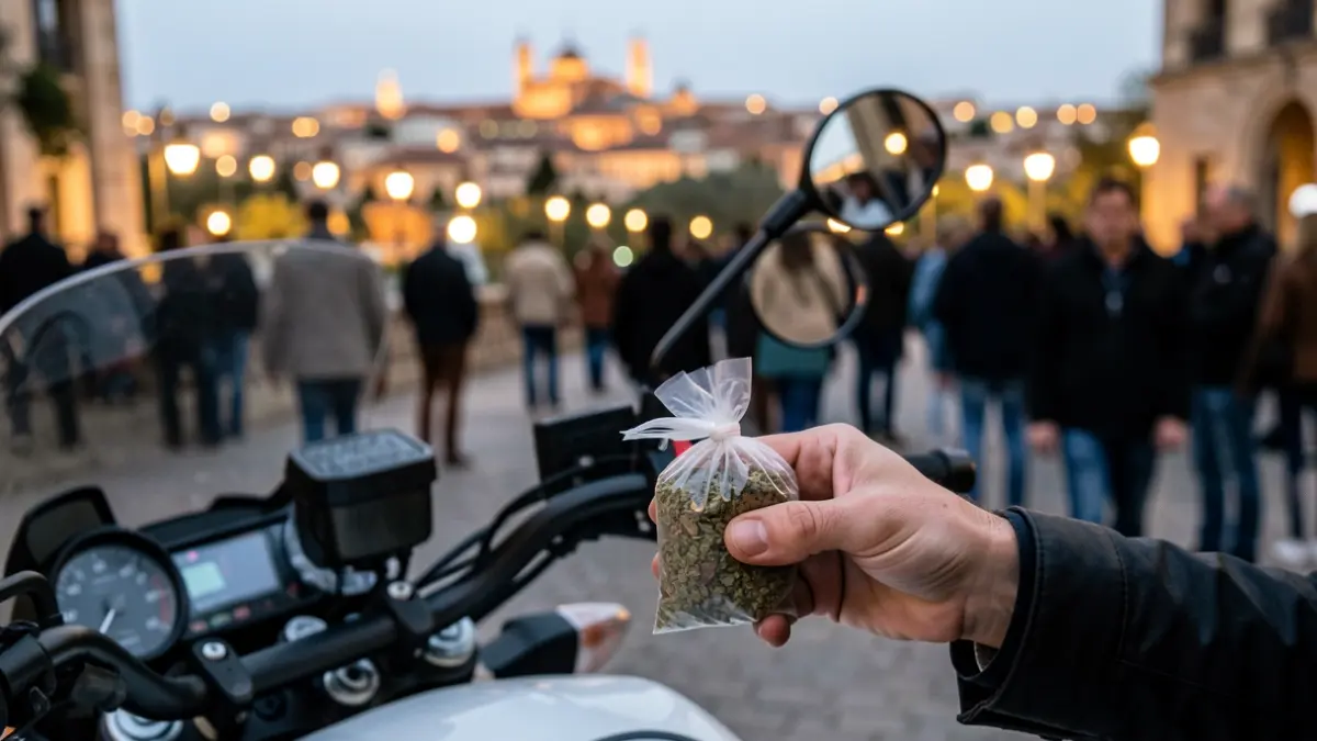Close-up of a motorcycle's handlebars and a hand holding a bag of hashish, with blurred city lights of Granada in the background.