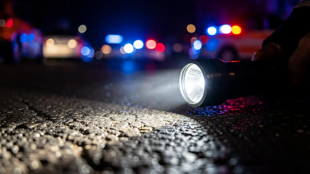 Luz de linterna policial iluminando asfalto mojado por la noche con luces de emergencia borrosas.