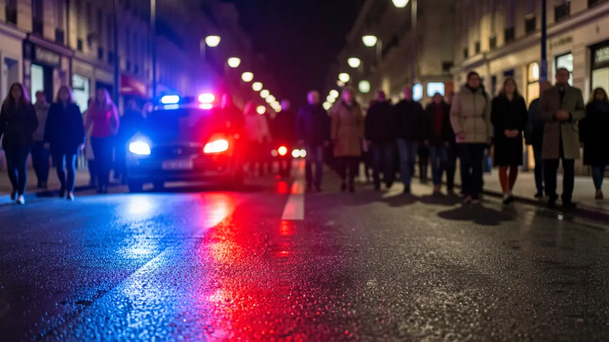 Imagen genérica de luces de emergencia policiales reflejando en asfalto mojado por la noche.