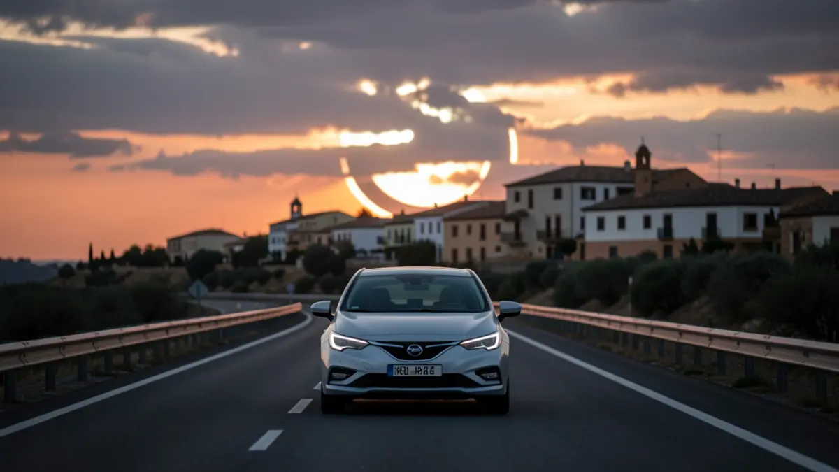 Generic image of a car driving on a road during sunset with the sun partially obscured, in an Andalusian setting.