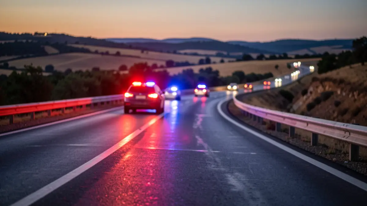 Imagen genérica de una carretera con luces de emergencia reflejando en el asfalto mojado.