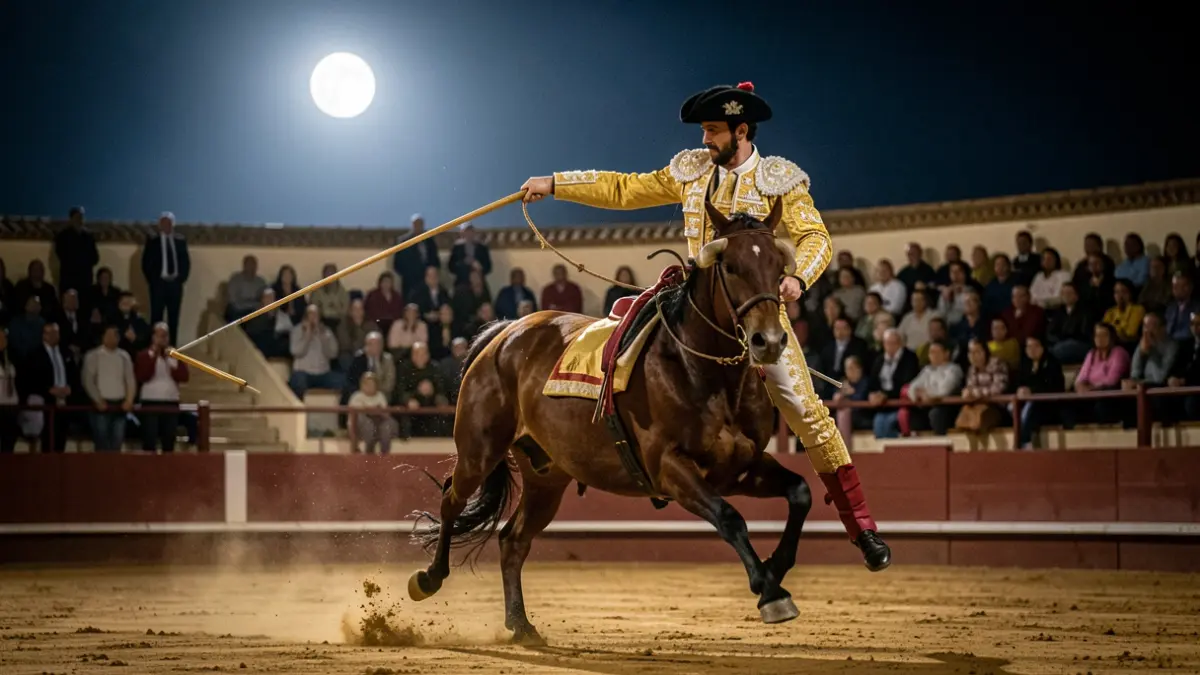 Image of a bullfighter on horseback during a rejones bullfight in El Puerto de Santa María, Andalusia, under moonlight.
