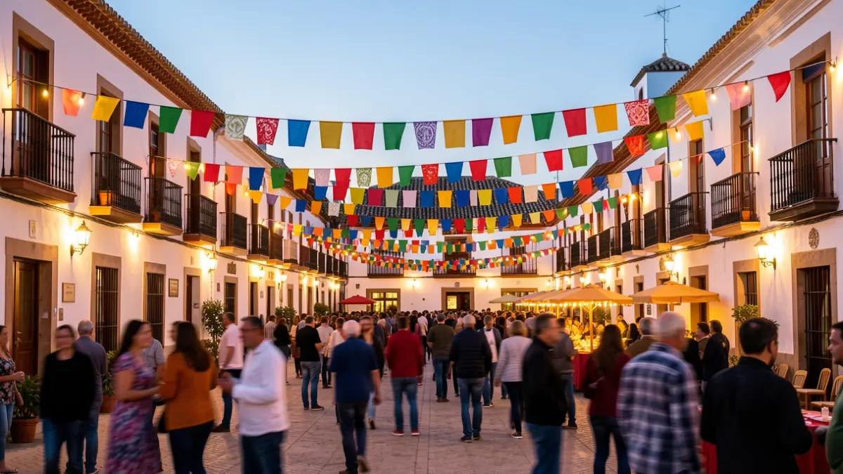 Andalusian town square decorated for patron saint festivities with lights and a festive atmosphere.