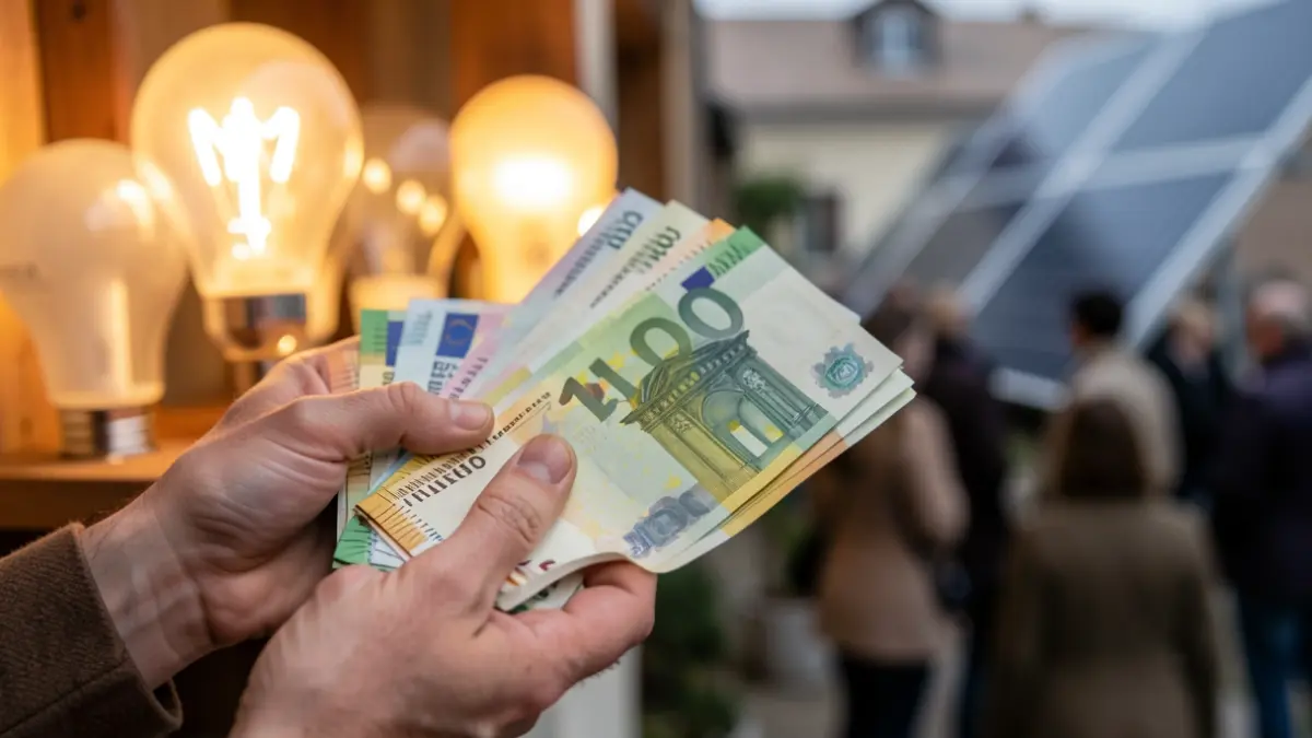 Manos sosteniendo billetes de euro con bombillas de bajo consumo y paneles solares desenfocados al fondo.