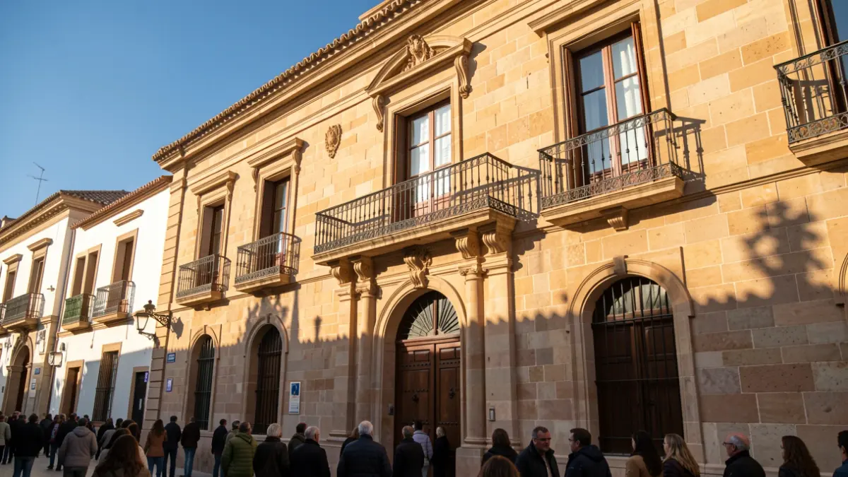 Facade of an Andalusian town hall with balcony and iron railings, afternoon light.
