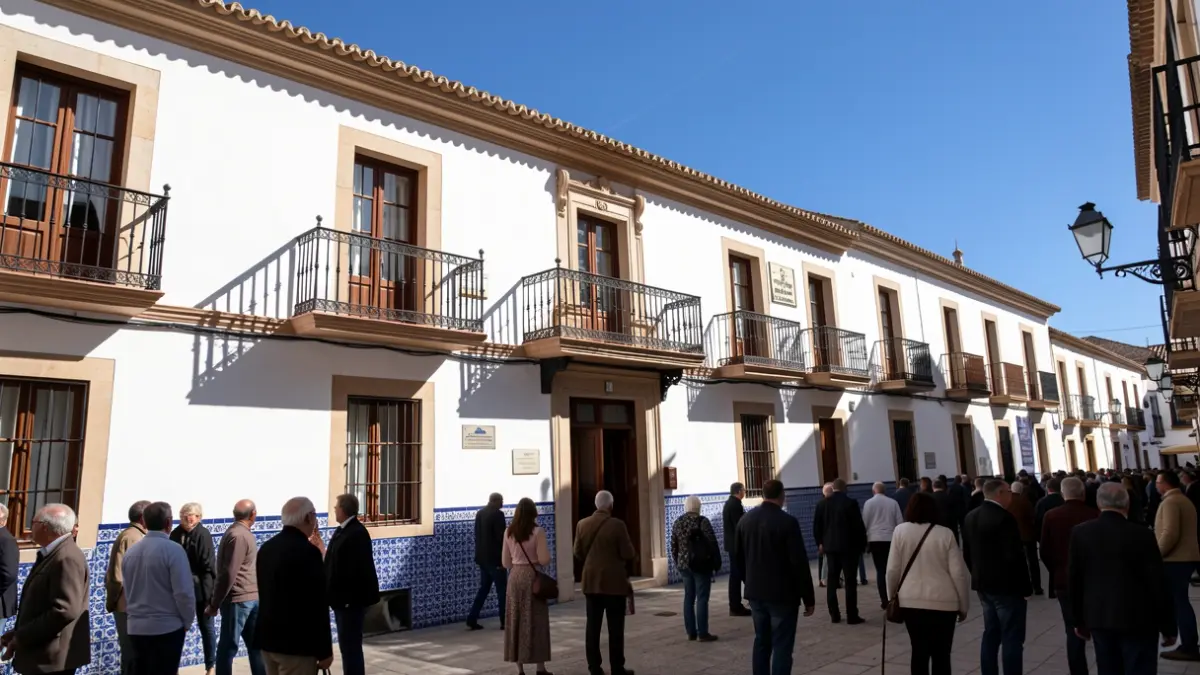 Fachada de un ayuntamiento andaluz con azulejos y balcón de hierro, bajo un sol intenso.