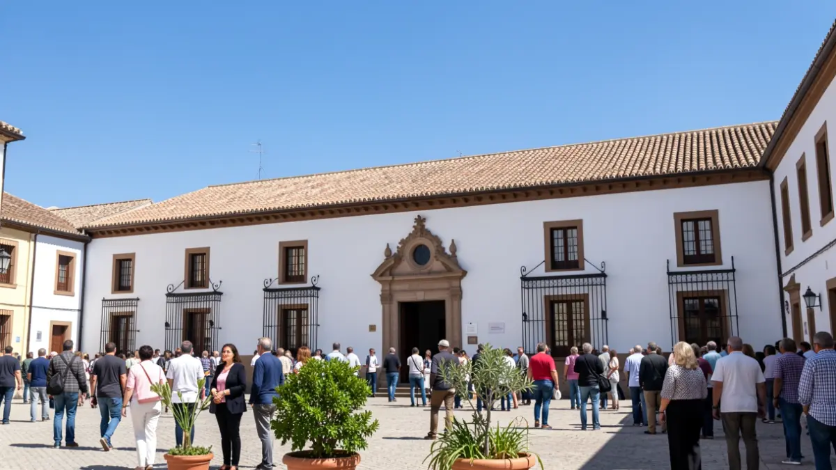 Facade of a white Andalusian town hall with a tiled roof and blue sky.