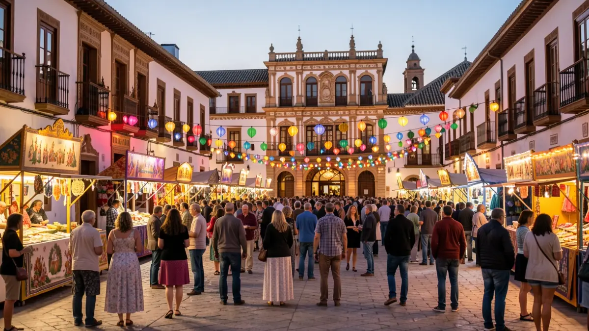 Ambiente festivo en una plaza andaluza al anochecer, con luces y arquitectura tradicional.