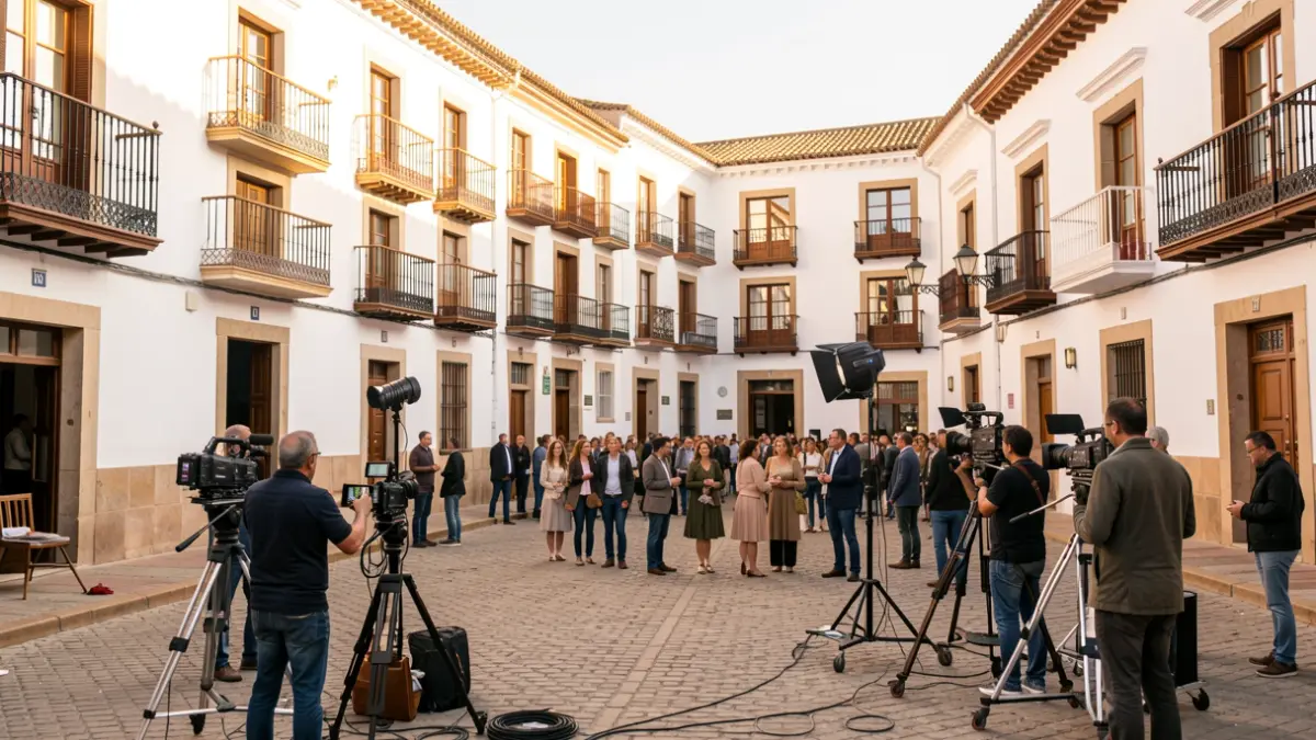 Filming crew working in a historic Andalusian square.