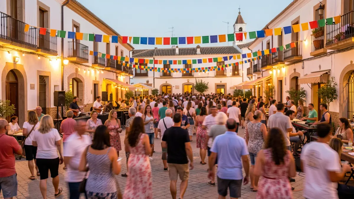 Imagen genérica de una plaza de pueblo andaluz durante unas fiestas de verano, con ambiente festivo y luces.