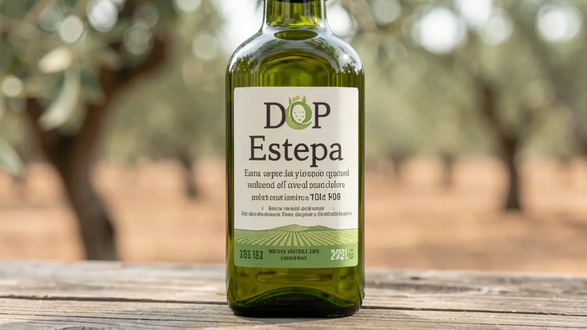 Botella de Aceite de Oliva Virgen Extra con sello DOP Estepa.