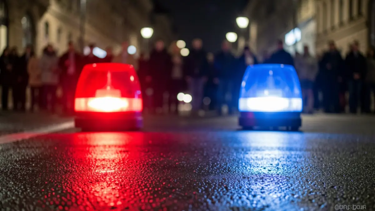 Generic image of police emergency lights reflecting on wet asphalt at night.