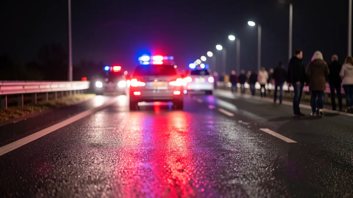 Imagen genérica de luces de emergencia policiales reflejándose en el asfalto mojado por la noche.