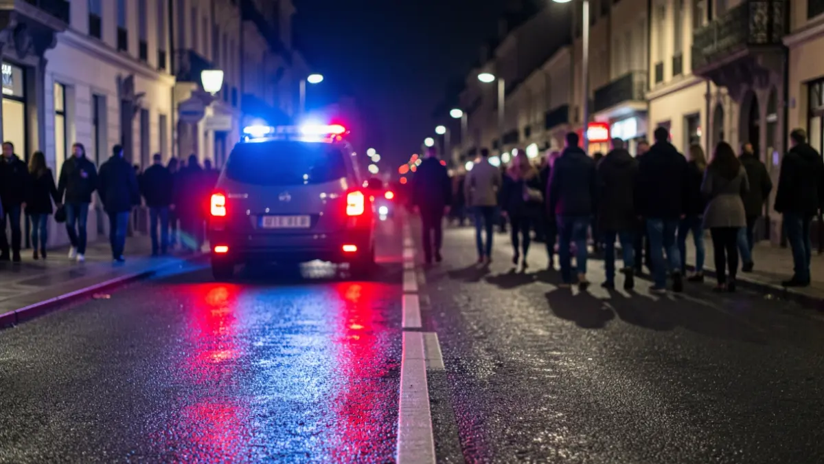 Generic image of police emergency lights reflecting on wet asphalt at night.