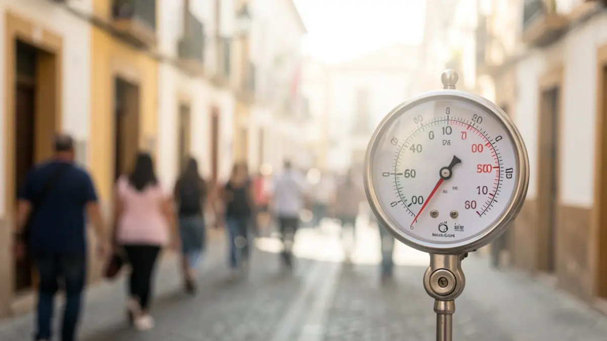 Termómetro marcando alta temperatura en una calle de Andalucía bajo el sol.