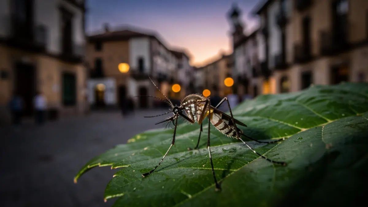 Primer plano de un mosquito sobre una hoja, con un fondo borroso de una plaza de pueblo andaluz al atardecer.