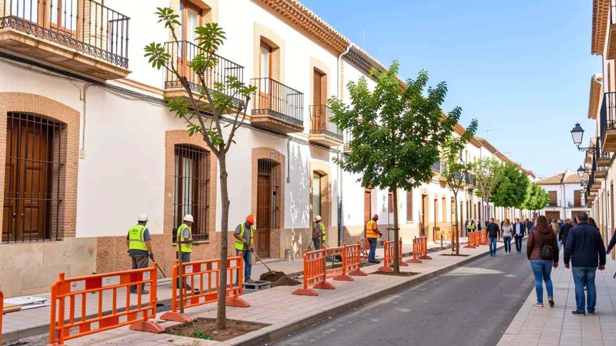 Obras de remodelación en la Calle Mendoza de Écija con nueva arboleda y barreras de construcción.