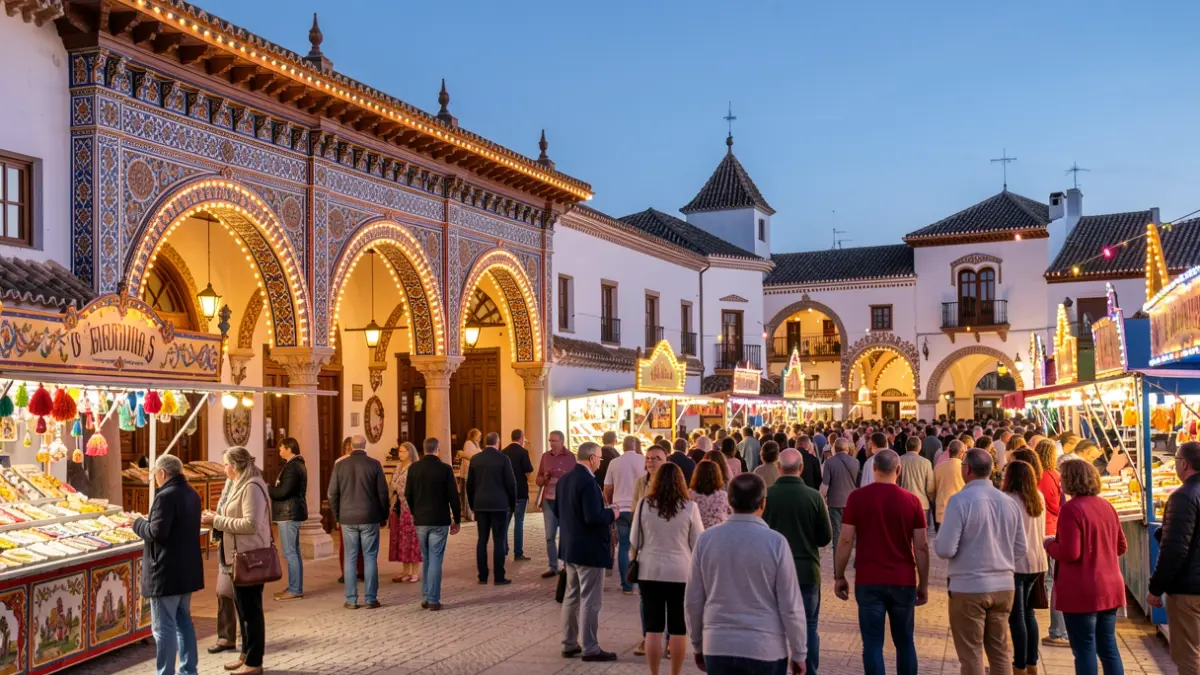 Imagen genérica de una feria andaluza iluminada por la noche con elementos arquitectónicos tradicionales.