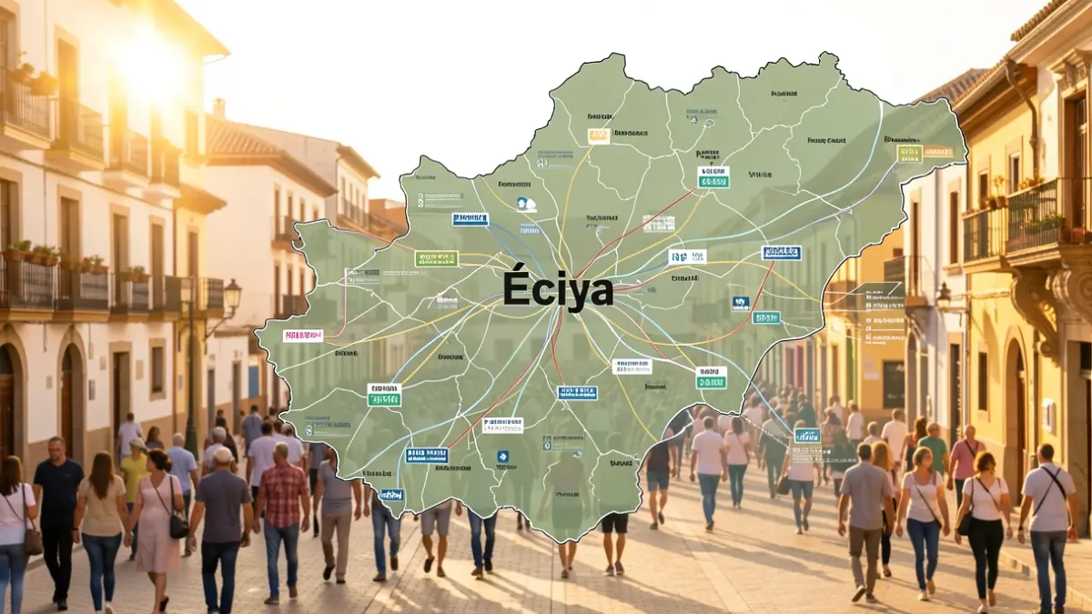 Mapa de la Provincia de Sevilla con Écija destacada, superpuesto con elementos de datos turísticos.