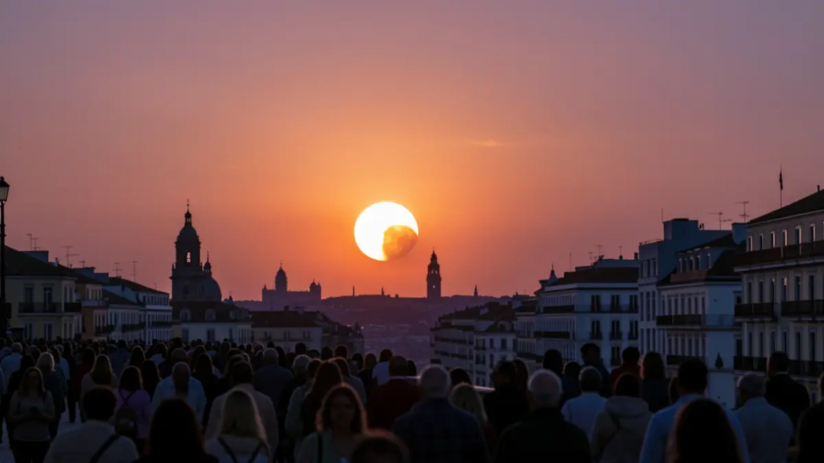 Generic image of a partial solar eclipse over an Andalusian city at sunset.