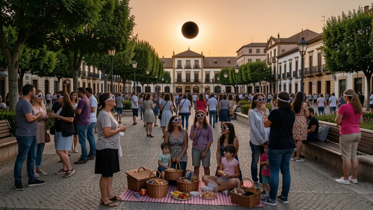 Generic image of an Andalusian urban park filled with people observing a solar eclipse with protective glasses.