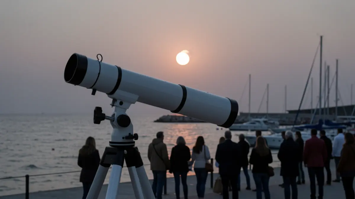 Telescopio observando un eclipse solar parcial al atardecer sobre el mar.