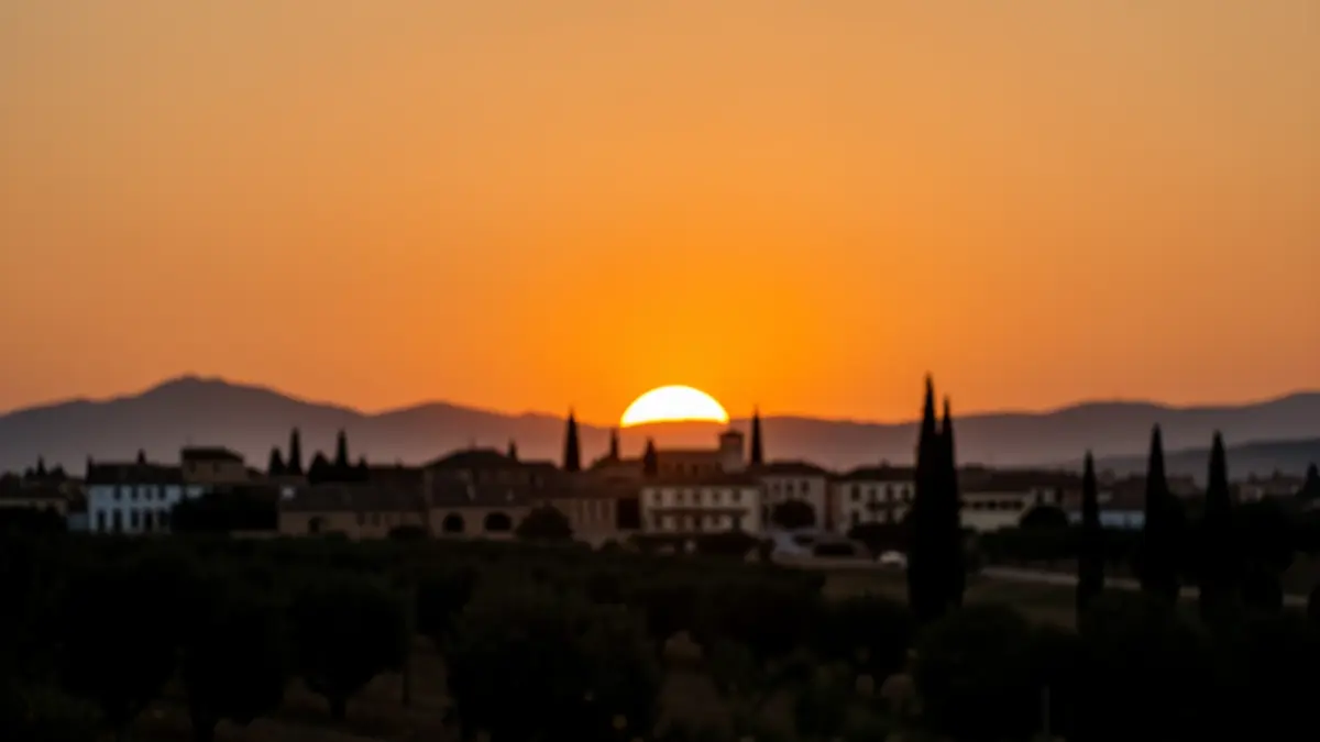 Eclipse solar parcial visible al atardecer sobre el horizonte en Andalucía.