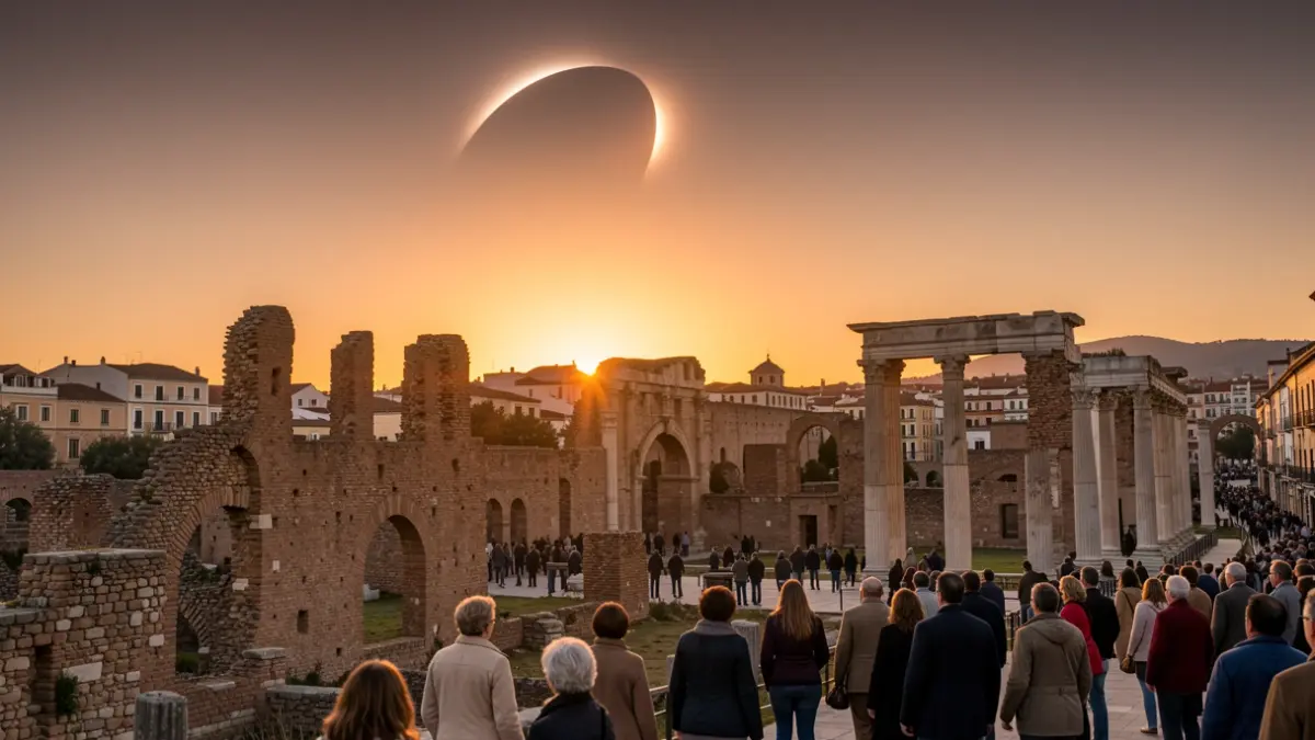 Ruinas de la ciudad romana de Arucci Turobriga bajo un cielo con un eclipse solar parcial al atardecer.