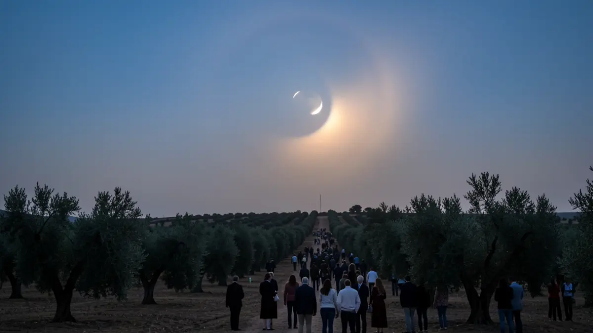 Imagen de un eclipse solar total con el sol bajo en el horizonte sobre un campo de olivos andaluz.