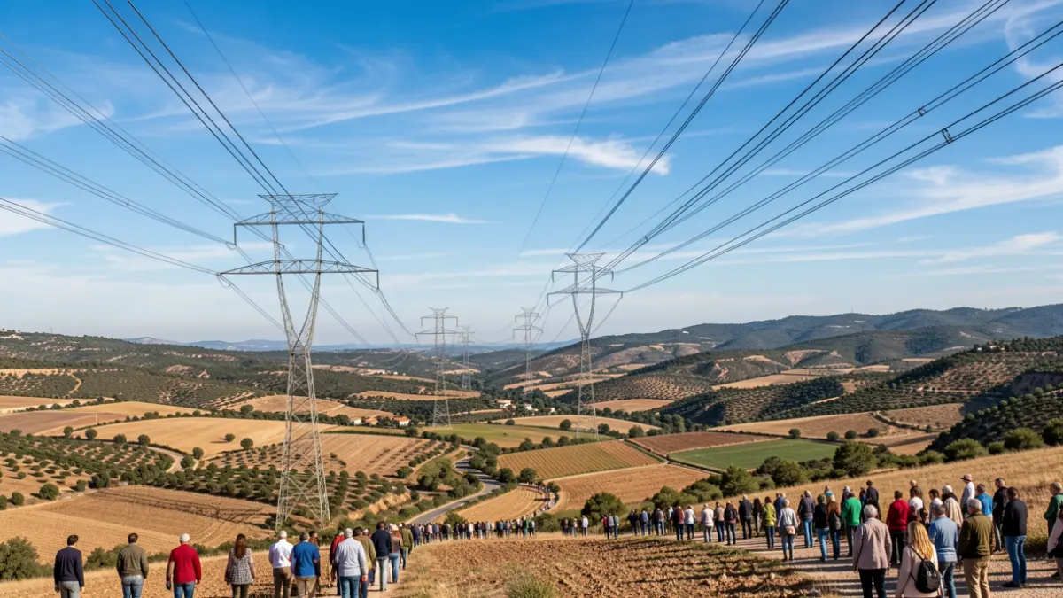 Líneas de alta tensión atravesando un paisaje de valle en Andalucía, con colinas y campos agrícolas.