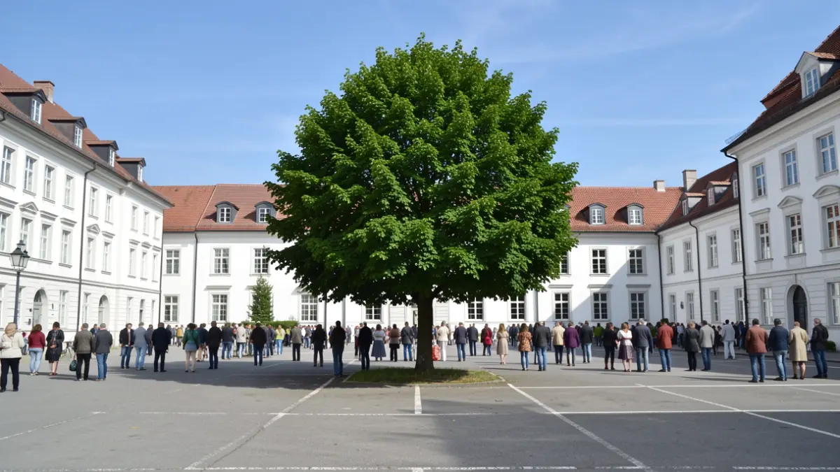 A lush green tree grows in the middle of a paved parking lot in a historic Andalusian city square, with white buildings and blue sky in the background.