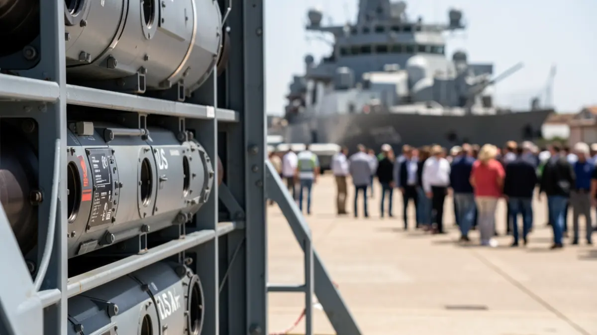 Detail of a US Navy missile magazine at the Rota Base, with the military installation in the background.