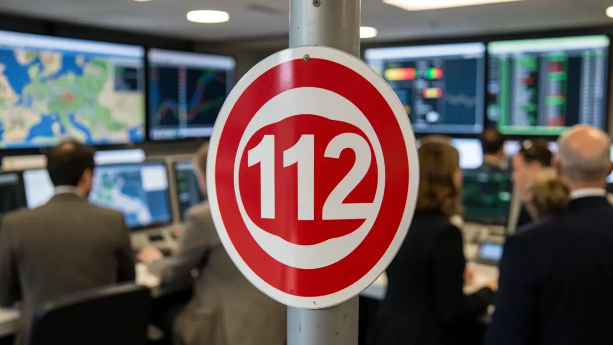 Primer plano del símbolo de emergencias 112 sobre un fondo borroso de una sala de control.