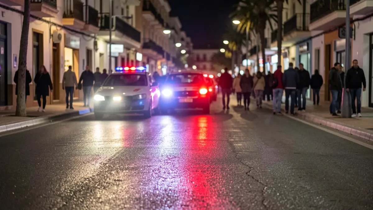 Luces de emergencia reflejándose en el asfalto mojado por la noche en Almería.