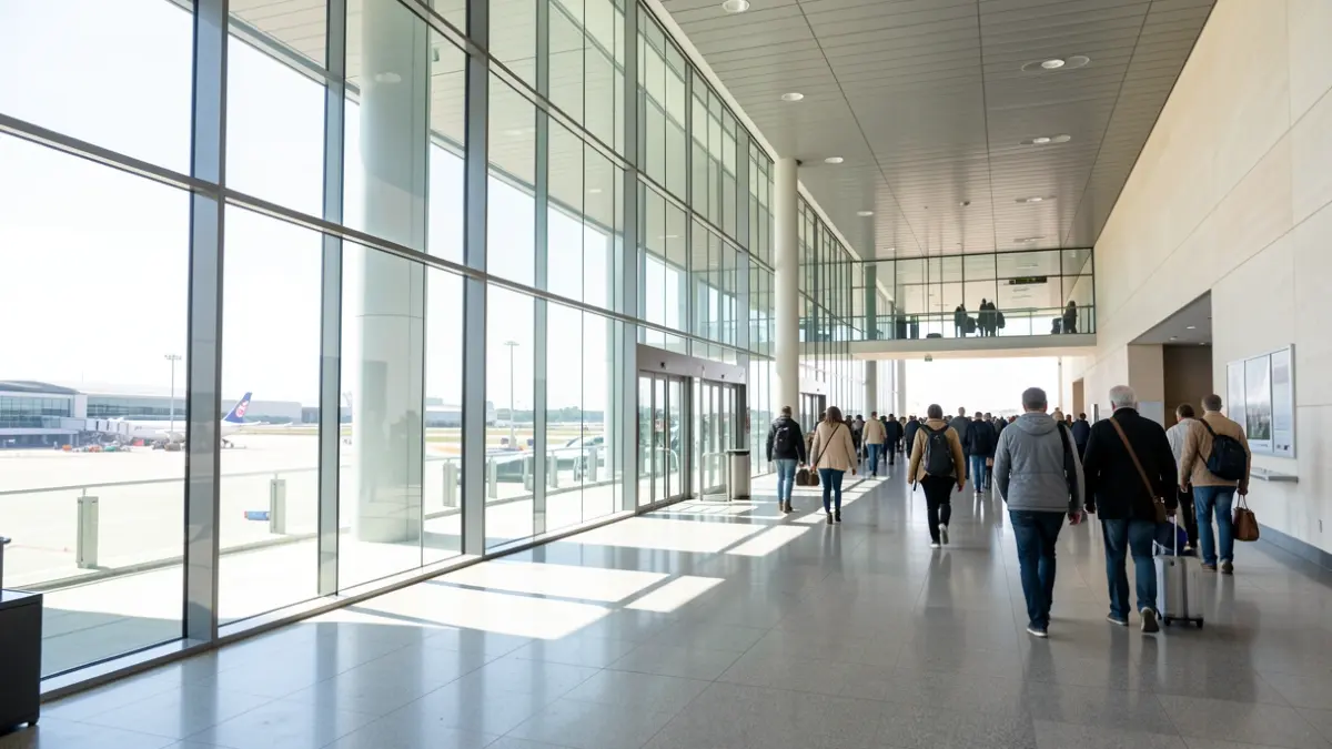 Imagen genérica de la fachada de un aeropuerto moderno bajo el sol andaluz.