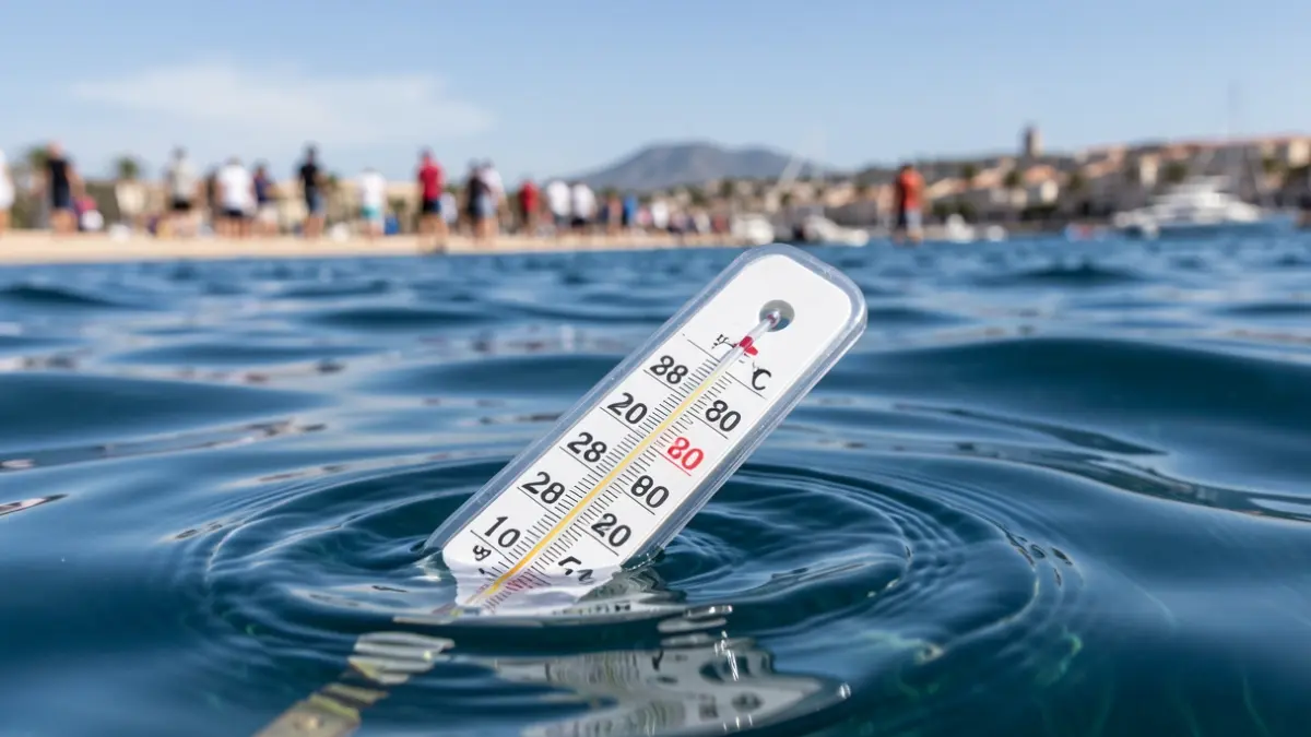Termómetro sumergido en agua de mar con 28,8 grados en la costa de Málaga.