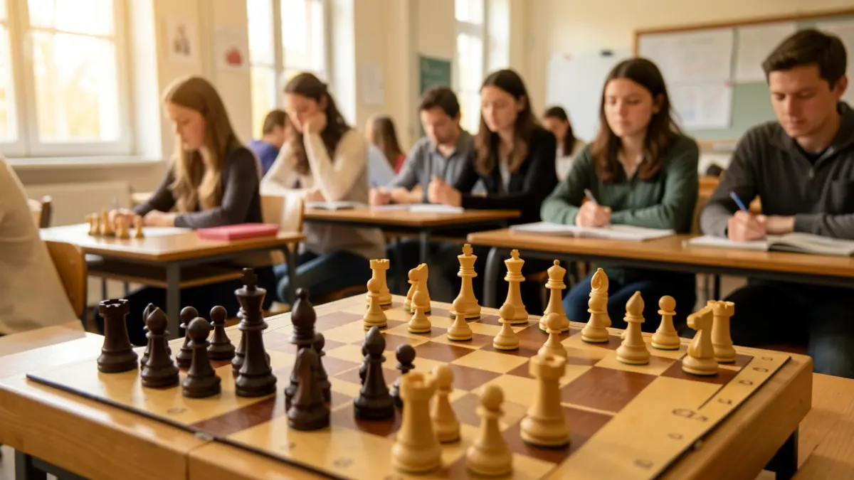 Chessboard in a classroom with students in the background.