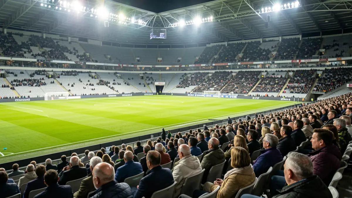 Imagen genérica de un estadio de fútbol vacío con césped verde y luces encendidas.