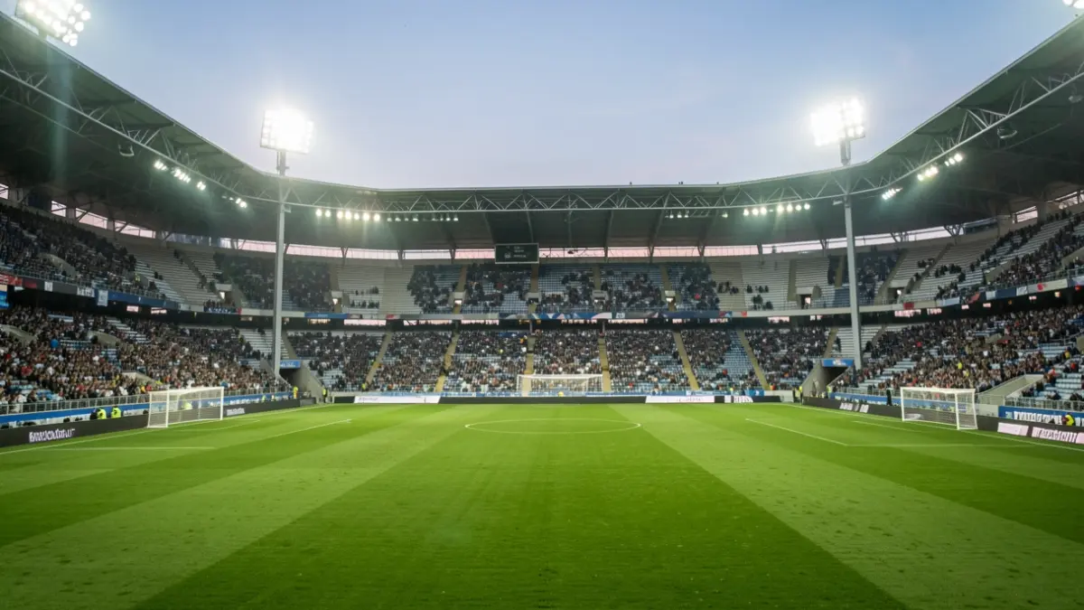 Imagen genérica de un estadio de fútbol vacío con césped y gradas iluminadas.
