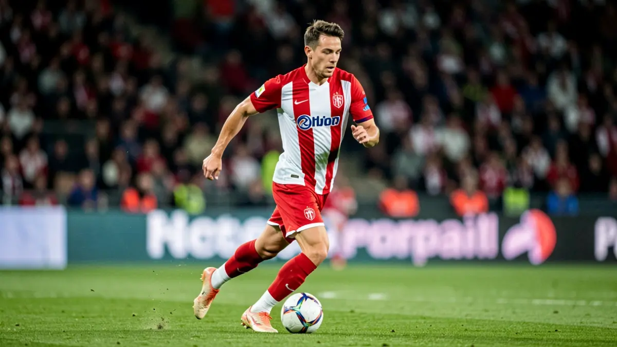 Football player in a red and white striped jersey on a grass field, with blurred stadium lights in the background.