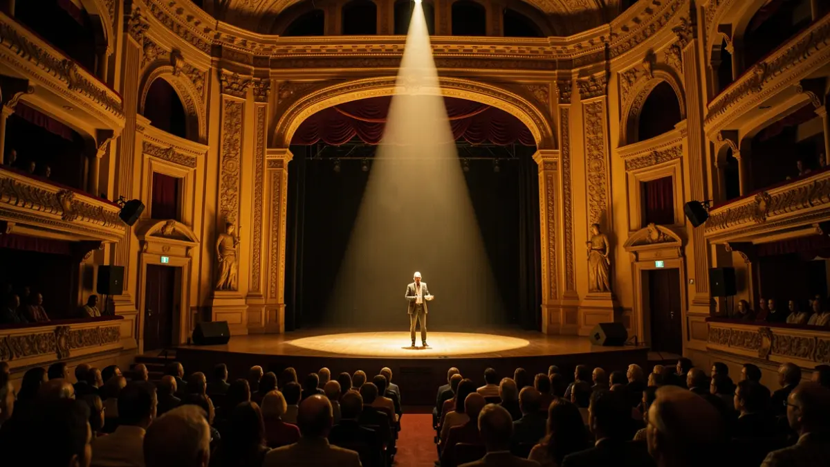 Scene of an empty Andalusian theater with a spotlight in the center.