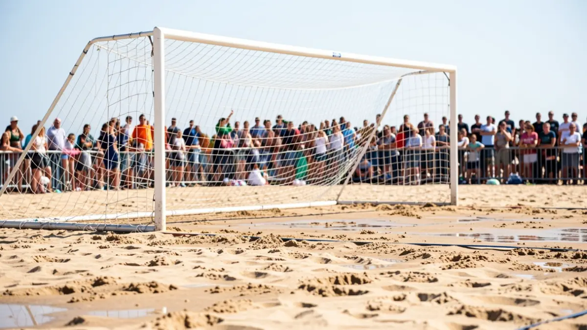 Generic image of a beach soccer field with goalposts and nets.