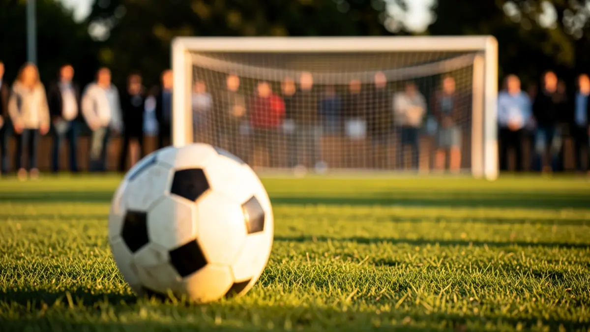 Imagen genérica de un balón de fútbol sobre césped con la portería desenfocada.
